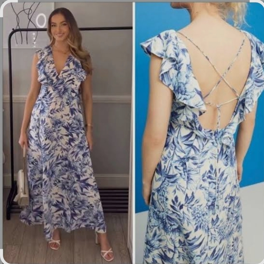 H&M Linen-blend Flounced Dress Blue & White Floral